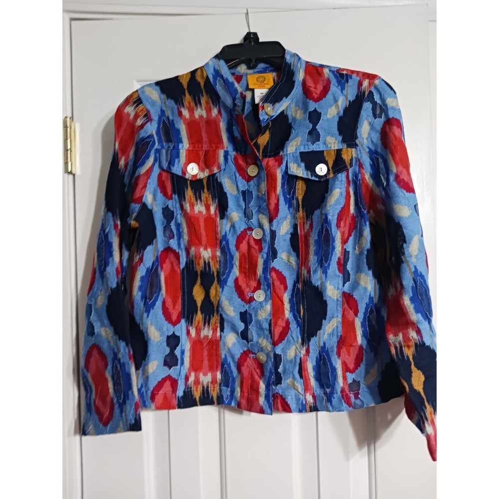 Women's Ruby Rd. Petite Long Sleeve Roll Tab Top Blouse Size 8P Linen Colorful